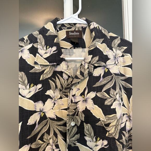 VTG Neiman Marcus Men’s black SILK Leaf Palm Tree Hawaiian cabana Shirt M - Picture 3 of 9